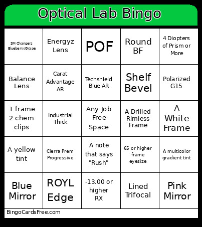 Optical Lab Bingo Card