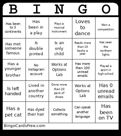 Options Lab Bingo Card
