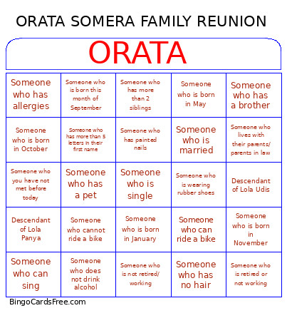 ORATA SOMERA FAMILY REUNION Bingo Card