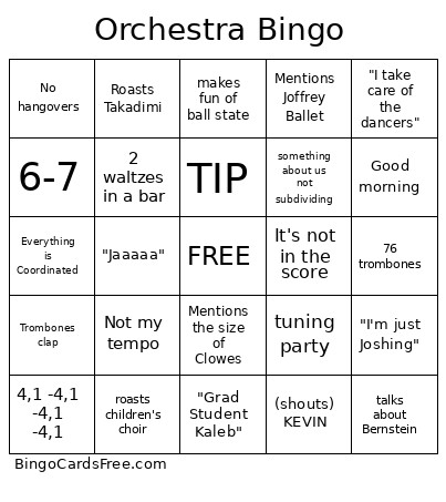 Orchestra Bingo Card
