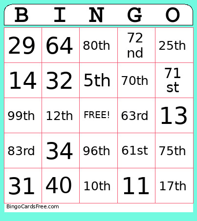 Ordinal And Inal Numbers 1 To 100 Bingo Card