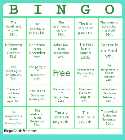 Ordinal Numbers Bingo Card