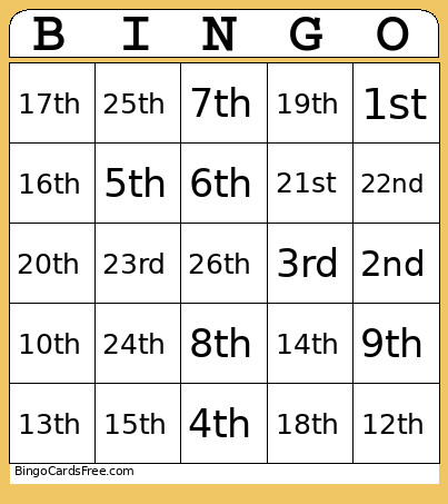 Ordinal Numbers Bingo Card