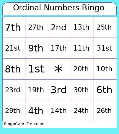 Ordinal Numbers Bingo