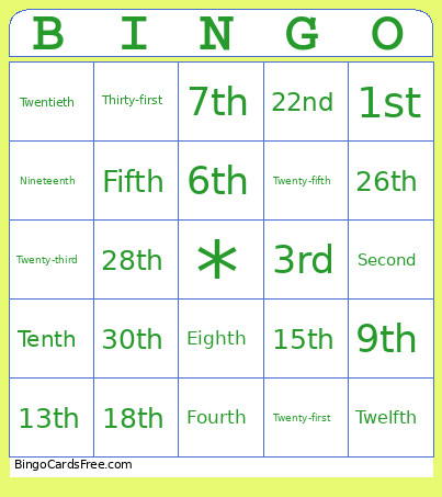 Ordinal Numbers Bingo Card