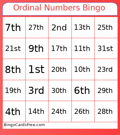 Ordinal Numbers Days Of The Month Bingo Card