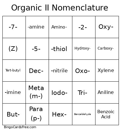Organic II Nomenclature Bingo Card