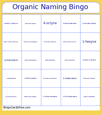 Organic Nomenclature Bingo Card