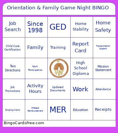 Orientation & Family Game Night Bingo Card