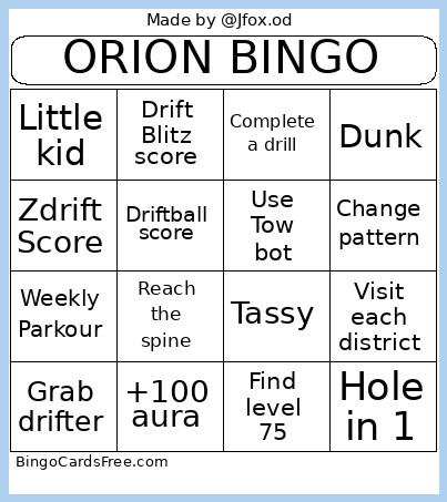 Orion Bingo Card