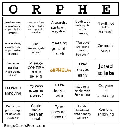 orpheum staff meeting Bingo