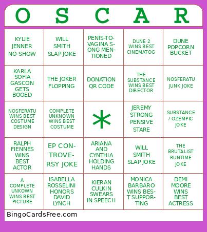 OSCAR 1 PINK Bingo Cards Free Pdf Printable Game, Title: OSCAR