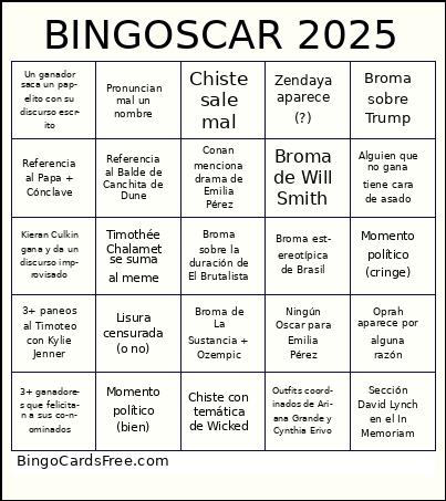 Oscar 2025 Bingo Cards Free Pdf Printable Game, Title: BINGOSCAR 2025