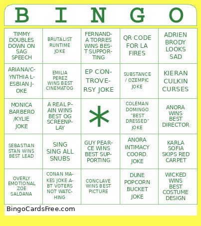 OSCAR 4 GREEN Bingo Cards Free Pdf Printable Game, Title: BINGO