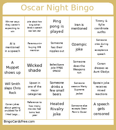 Oscar Night Bingo Card