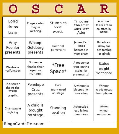 Oscars Bingo Cards Free Pdf Printable Game, Title: OSCAR