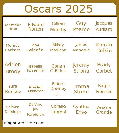 Oscars 2025 Bingo Cards Free Pdf Printable Game, Title: Oscars 2025