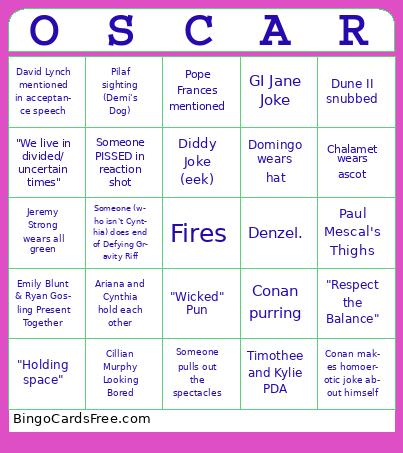 Oscars 2025 Bingo Cards Free Pdf Printable Game, Title: OSCAR