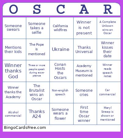 OSCARS 2025 Bingo Cards Free Pdf Printable Game, Title: OSCAR