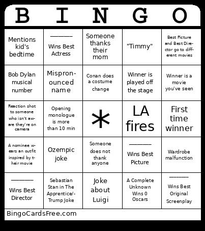 Oscars 2025 Bingo Cards Free Pdf Printable Game, Title: BINGO