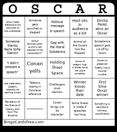 Oscars 2025 Bingo Card