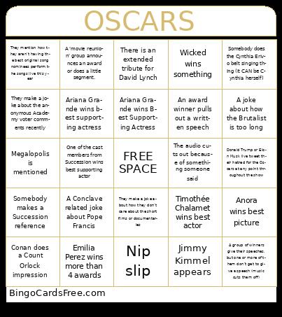 Oscars 2025 Bingo Cards Free Pdf Printable Game, Title: OSCARS