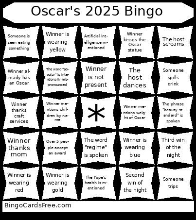 Oscar's 2025 Bingo Cards Free Pdf Printable Game, Title: Oscar's 2025 Bingo