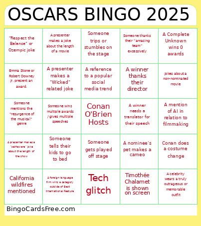 Oscars 2025 Bingo Card