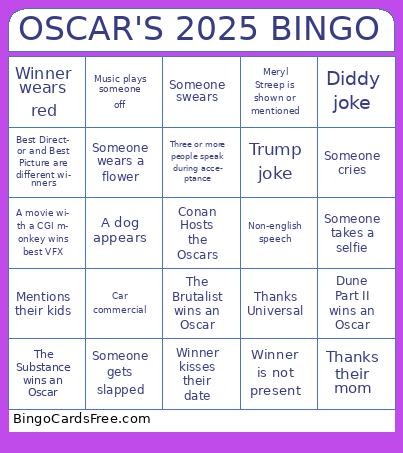 Oscars 2025 Bingo Party Cards Free Pdf Printable Game, Title: OSCAR'S 2025 BINGO