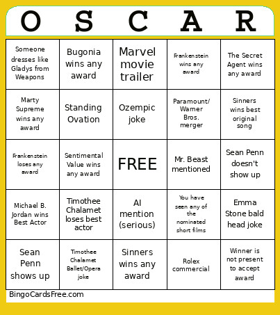 Oscars 2026 Bingo Card