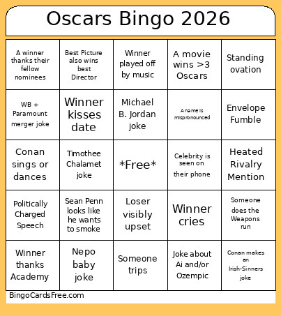 Oscars 2026 Bingo Card