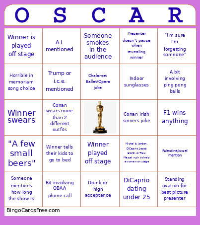 Oscars Bingo Card 2