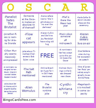 Oscars Bingo Cards Free Pdf Printable Game, Title: OSCAR