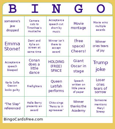 Oscars! Bingo Cards Free Pdf Printable Game, Title: BINGO