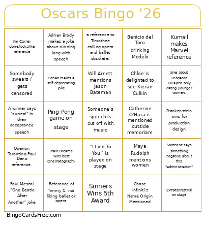 Oscars '26 Bingo Card