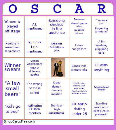 Oscars Party Bingo Card