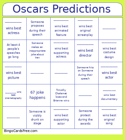 Oscars Predictions Bingo Card