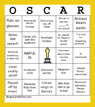 Oscars Turtle 26 Bingo Card
