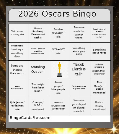 Oscars Watch Party Bingo Card