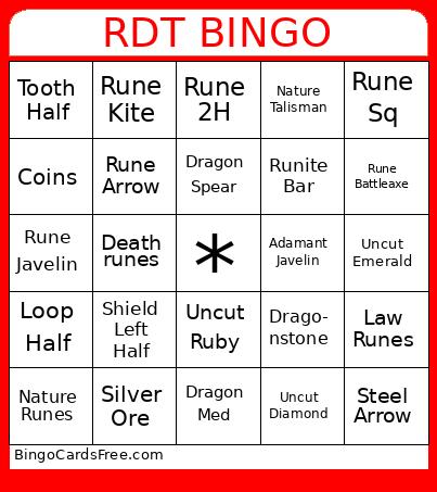 OSRS BINGO Cards Free Pdf Printable Game, Title: RDT BINGO