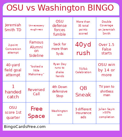 OSU Vs Washington Bingo Card