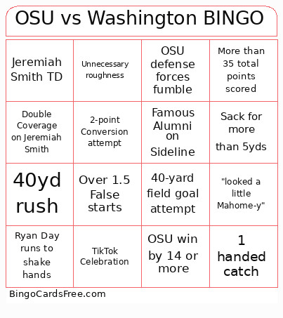 OSU Vs Washington Bingo Card