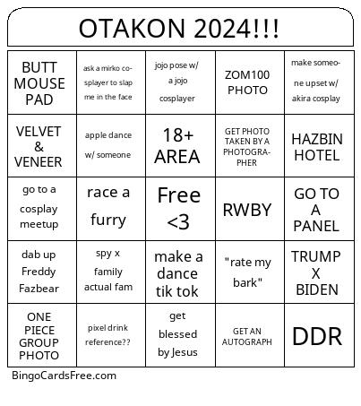 OTAKON!! Bingo Cards Free Pdf Printable Game, Title: OTAKON 2024!!!