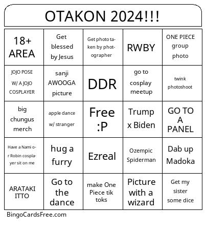 OTAKON 2024 Bingo Cards Free Pdf Printable Game, Title: OTAKON 2024!!!