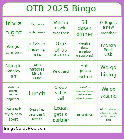 OTB 2025 Bingo Card