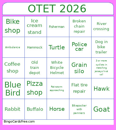 OTET Bike Trip Bingo Card