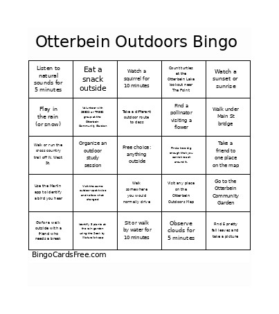 Otterbein Outdoors Bingo Card