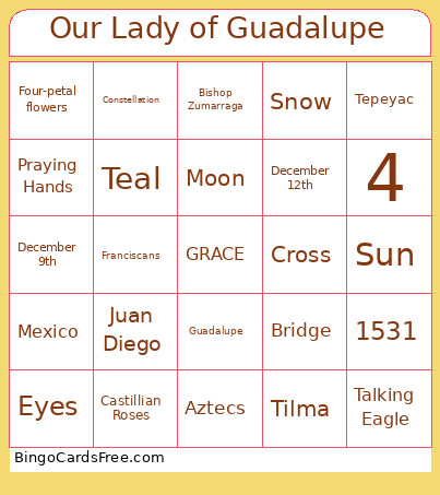 Our Lady Of Guadalupe Bingo Card