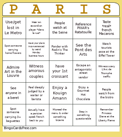 Our Paris Bingo Card