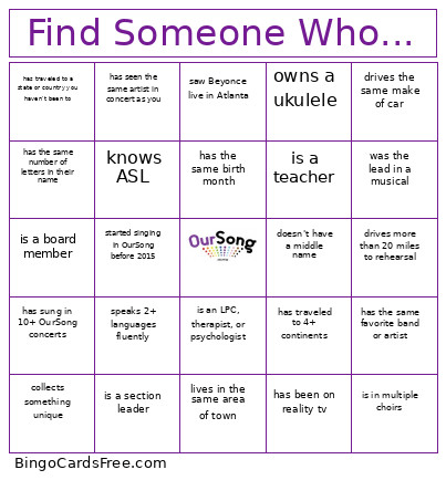 OurSong Getting To Know You Bingo Card